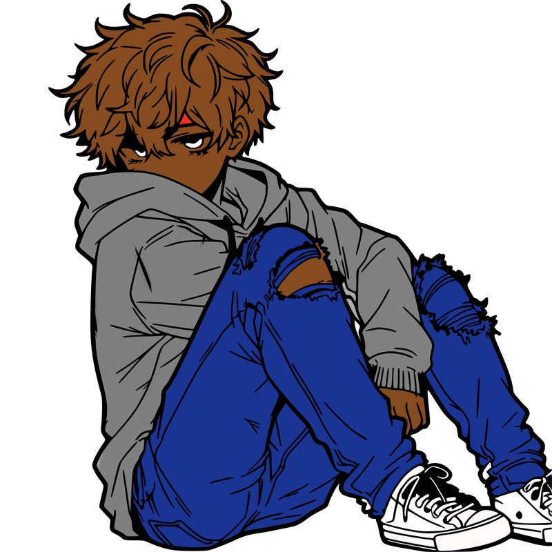 a male hoddie ripped jeans messy hair anime