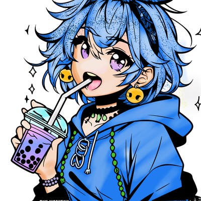 hot baddie anime girl drinking boba and biting the straw