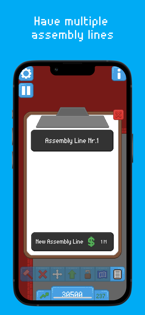 Assembly Line! - Smartphone screen showing a menu to manage and purchase multiple assembly lines in the game.