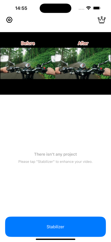 Comparação antes e depois de filmagens de vídeo estabilizadas de motocicleta no aplicativo