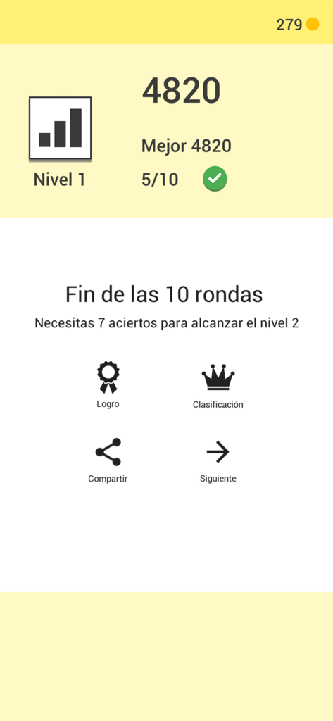 End of round results screen in the True Or False trivia app showing level progress and score summary