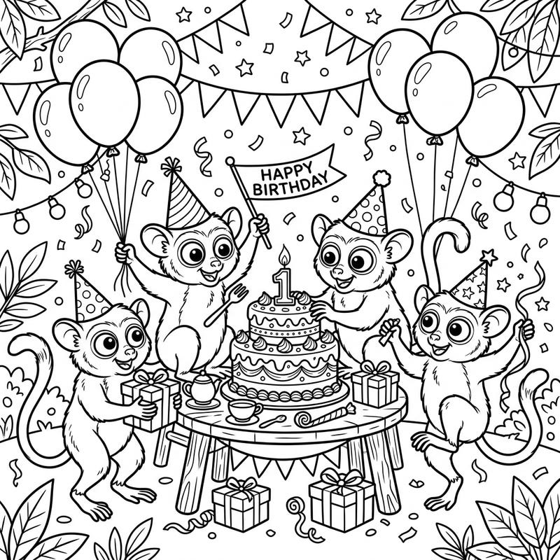 This delightful coloring page features four adorable tarsiers, complete with their signature large eyes, joyfully celebrating a birthday. They are surrounded by festive decorations, including a tiered cake, balloons, and presents, all ready for you to bring to life with color.
