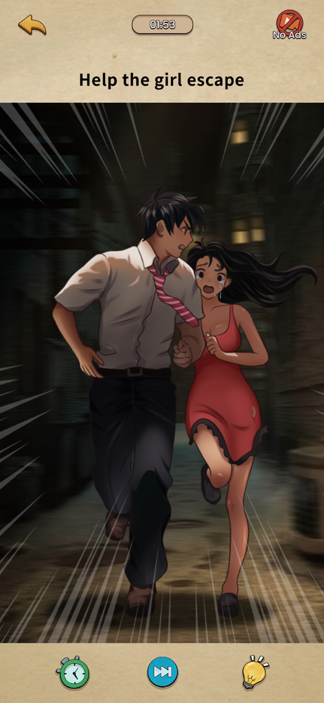 Puzzle level showing a man and a girl running through a dark alley