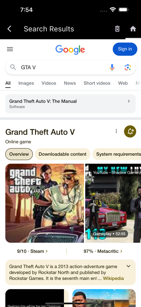 Smartphone screenshot of Google search results for Grand Theft Auto V showing game ratings and information