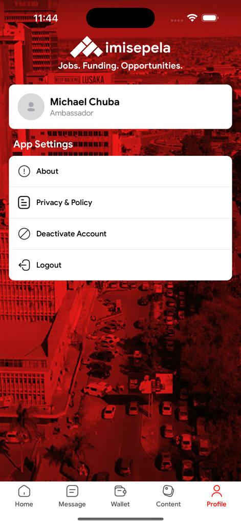 Profile settings screen of the Imisepela app displaying user details and account options