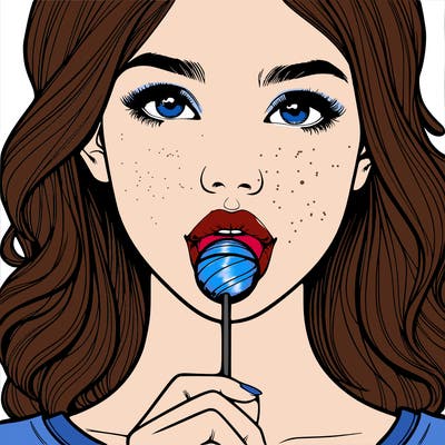 a realistic girl with a lollipop in her mouth
