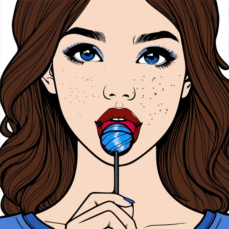a realistic girl with a lollipop in her mouth