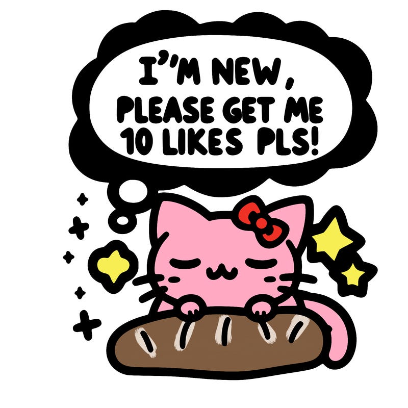 kitty taking a nap dream talking and saying "i'm new, please get me at least 10 likes pls!!"