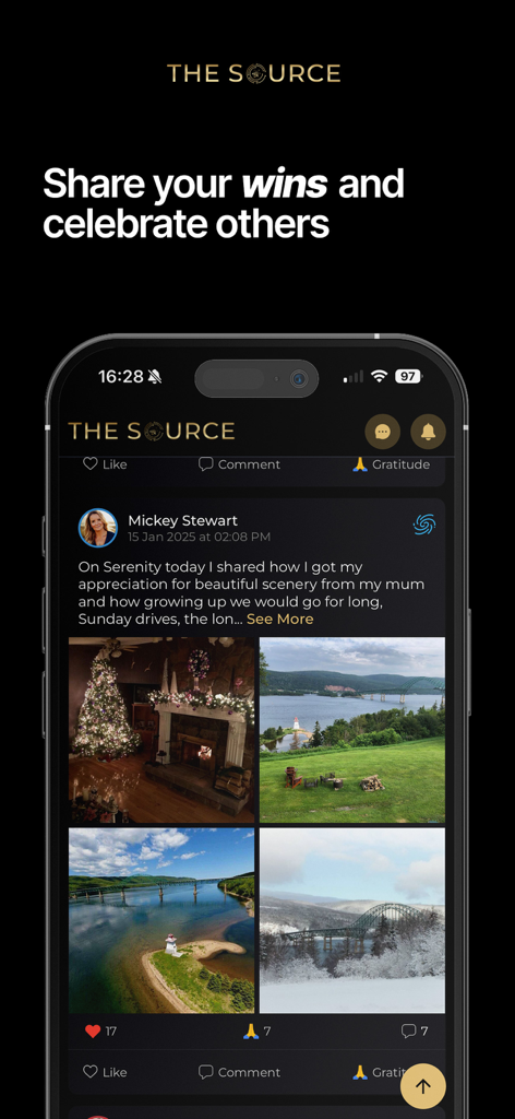 The Source. - A community feed screen in The Source app where users share wins and interact with likes and gratitude.