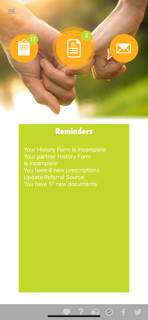 eIVF Patient - The reminders screen of the eIVF Patient app showing clinical alerts for documents and prescriptions over a background of a couple holding hands