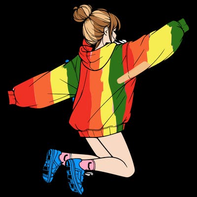 realistic girl jumping with a bun and oversized sweatshirt
