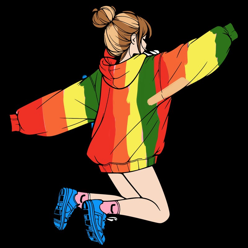 realistic girl jumping with a bun and oversized sweatshirt