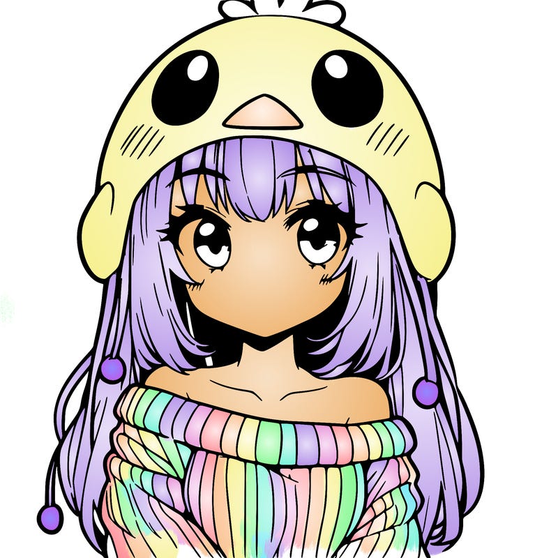 anime girl with chick shaped hat with sweater with bare shoulders with bangs covering them one eye with low tail