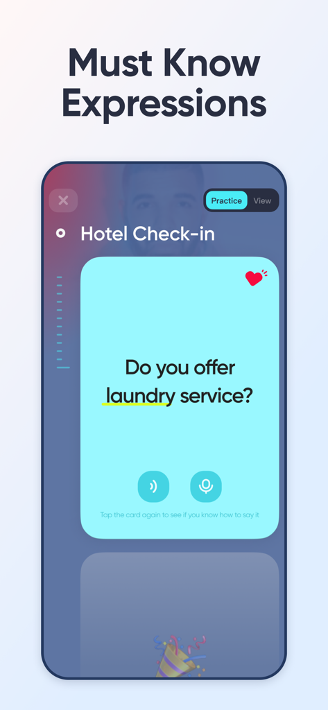 UDictionary Translator - UDictionary app interface showing a phrase card for hotel check-in under the must know expressions category