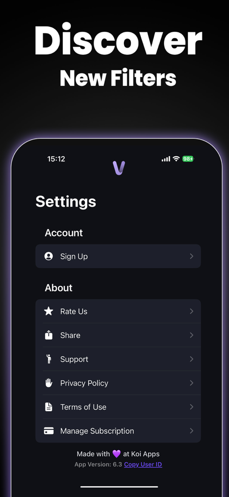 VideoAI: AI Video Generator+ - A screenshot of the settings menu in the VideoAI app showing account and support options.