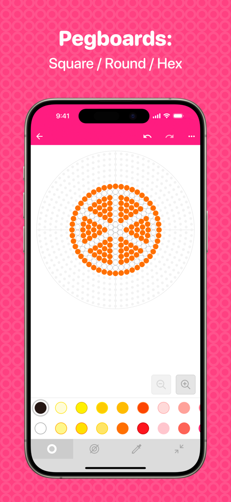 Beads Creator - Bead Patterns - ビーズクリエイターアプリのインターフェースには、オレンジのスライスデザインが円形の pegboard 上に表示され、下にカラーパレットがあります