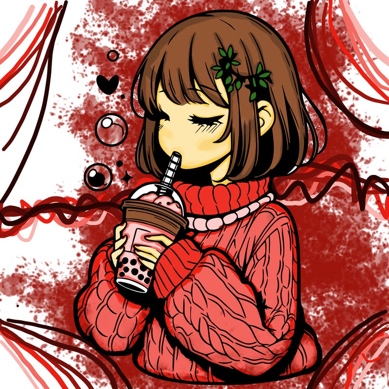 manga girl drinking boba in cozy sweater