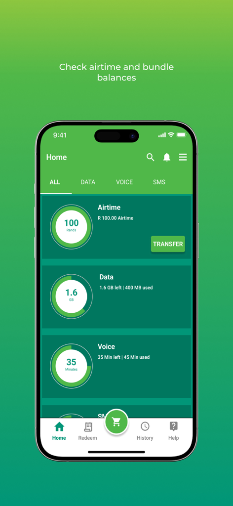 Old Mutual Connect - Old Mutual Connect app home screen displaying airtime and data balances