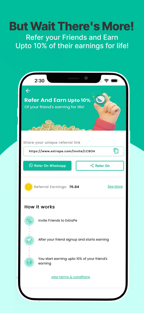 ExtraPe: Affiliate Marketing - ExtraPe app referral screen showing a 10 percent lifetime commission for referring friends