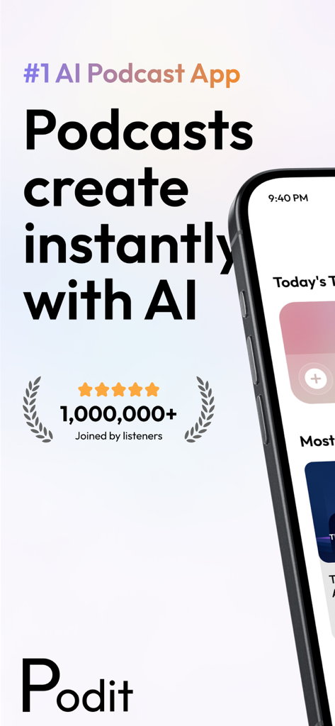 Podit mobile app screen promoting instant AI podcast creation for students and learners