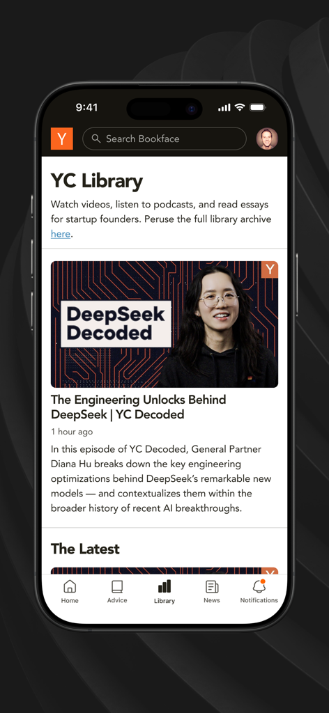 Y Combinator - Y Combinator mobile app library screen featuring educational videos and resources for startup founders