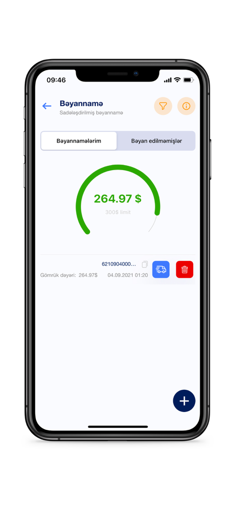Smart Customs app interface showing a simplified declaration screen with a circular gauge tracking a dollar limit for customs duties