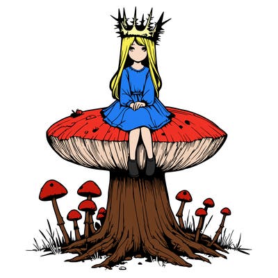 realistic girl sitting on a huge tree stump size toadstool with thorn crown