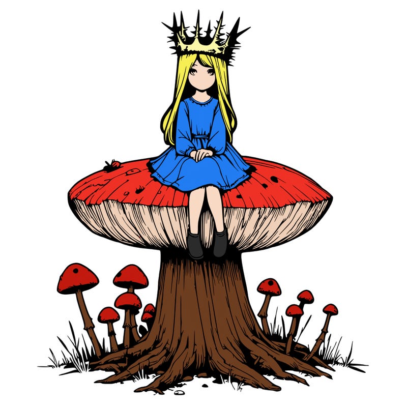 realistic girl sitting on a huge tree stump size toadstool with thorn crown