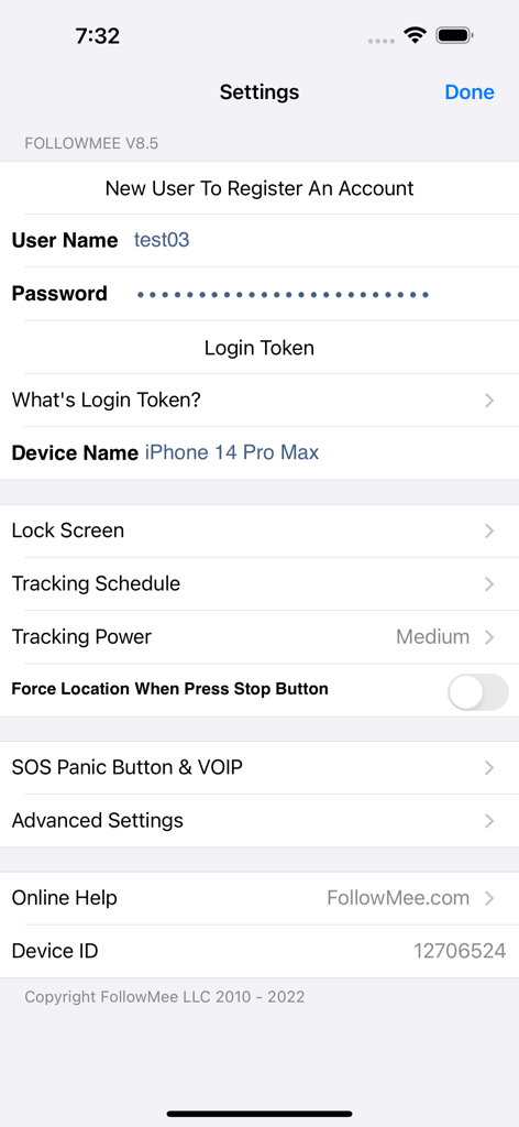Settings screen of the FollowMee GPS tracker app showing account login details device info and tracking configuration options