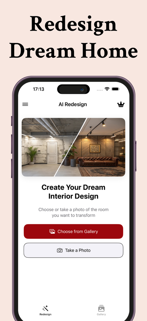 Interface do aplicativo Interior Design AI Decorator mostrando um cômodo antes e depois da reforma
