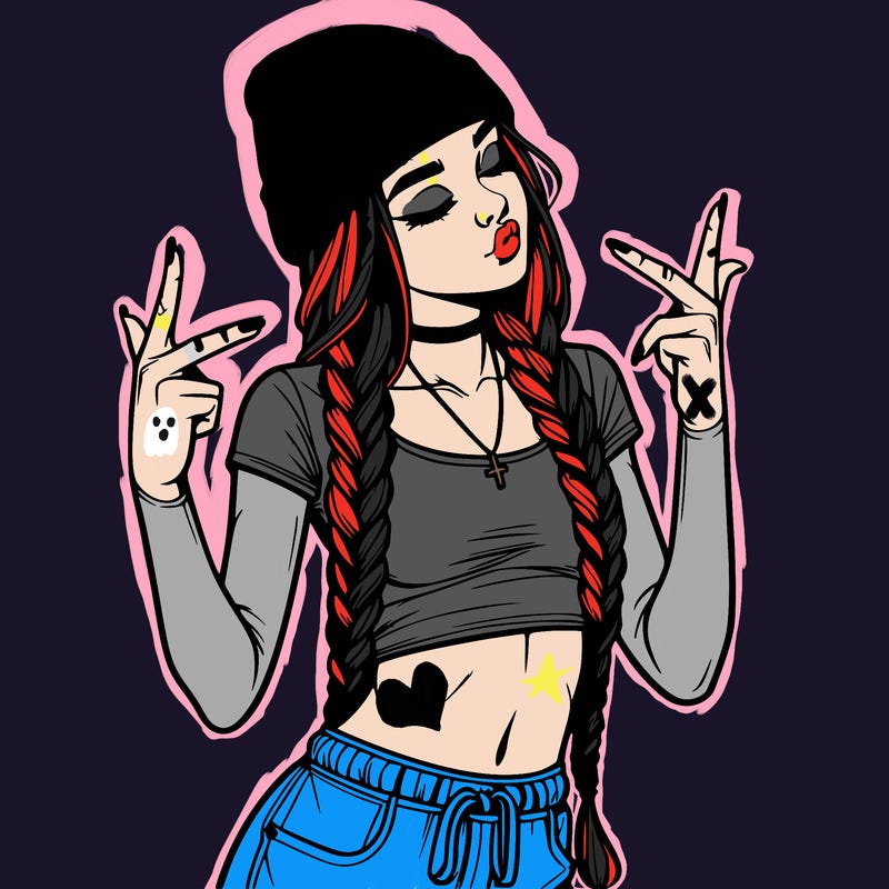 realistic teenage girl with braids and a beanie and crop top doing 🫶🏼