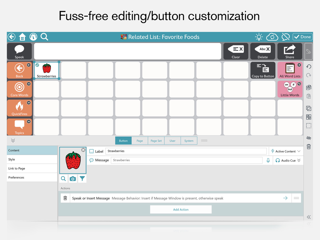 TD Snap® - イチゴのコミュニケーションタイルのための、手間のかからない編集とボタンカスタマイズ画面を表示するTD Snap AACアプリのインターフェース