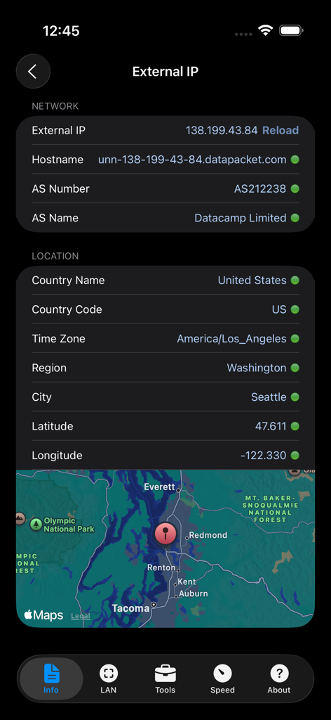 Network Analyzer Pro screenshot showing external IP network details and geolocation map