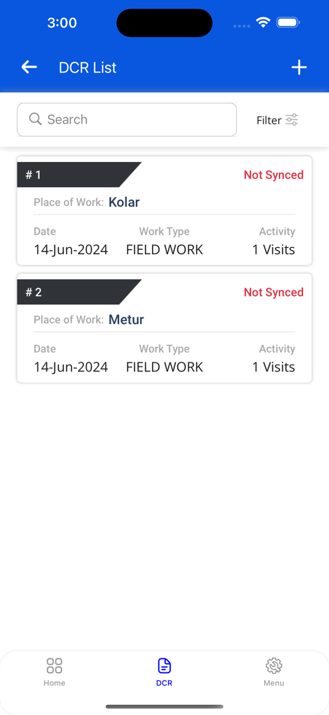 SFA360 - SFA360 mobile app screen showing the daily call report list with field work visits and sync status