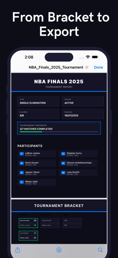 Una pantalla profesional de informe de torneo de la NBA en la aplicación Bracket que muestra las clasificaciones de los jugadores y el progreso de los partidos