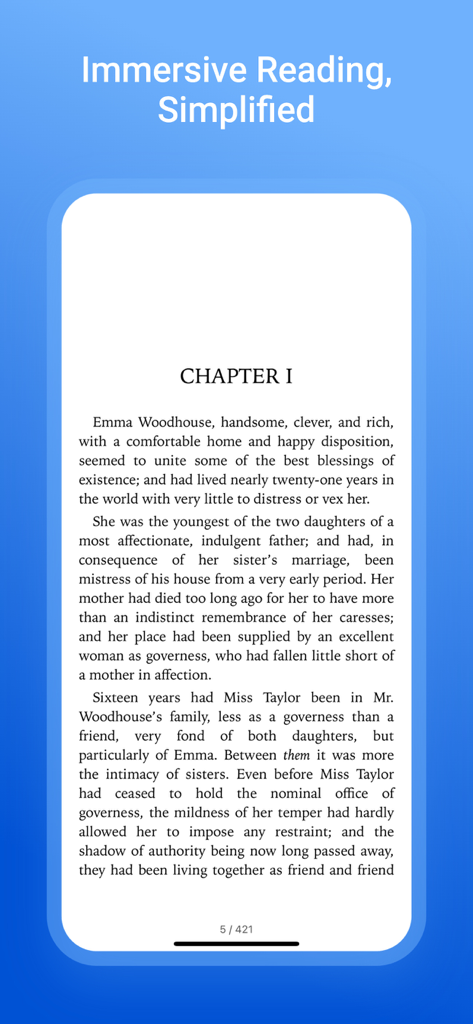 Novels Stories & Books Reader - Screenshot of the Novels Stories and Books Reader app showing a minimalist reading interface with Chapter 1 of Jane Austen's Emma