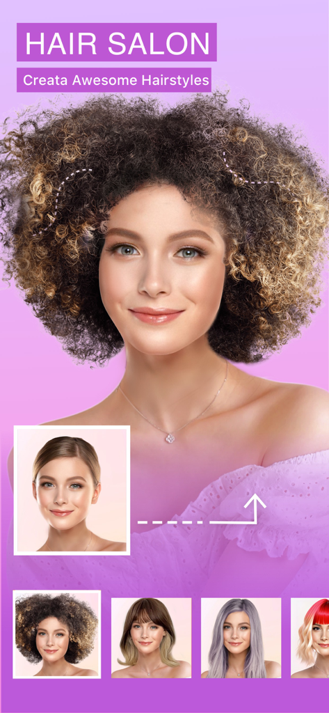 PicsHub-AI Art & Photo Edit - Woman trying on different hairstyles and colors using the PicsHub AI Hair Salon feature