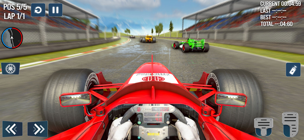 Extreme Formula Car Stunt Game - First-person cockpit view of a red formula car racing on a track with on-screen driving controls