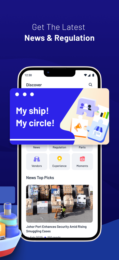 My Ship Info - Captura de pantalla de la aplicación My Ship Info que muestra noticias marítimas y actualizaciones de regulaciones para la gestión de flotas.