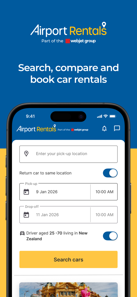 차량 예약 및 가격 비교를 위한 공항 렌터카 모바일 앱 검색 화면