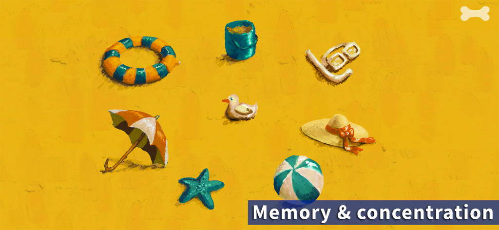 Lazuli 4+ - 浮き輪、ヒトデ、麦わら帽子などのビーチアイテムの芸術的なイラストが黄色の背景に描かれた、子供向けの記憶力と集中力のエクササイズ