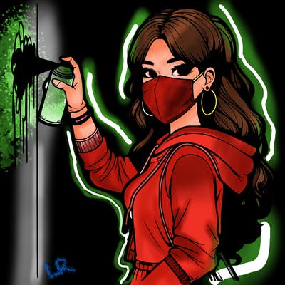 realistic girl with mask spray painting a wall