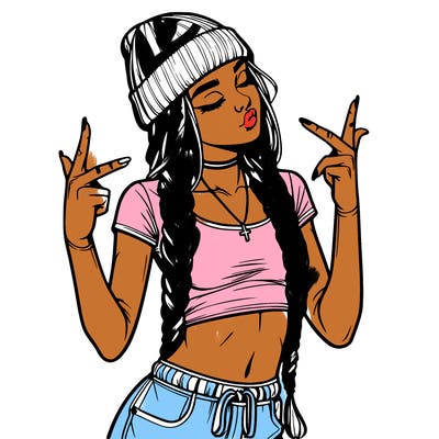 realistic teenage girl with braids and a beanie and crop top doing 🫶🏼