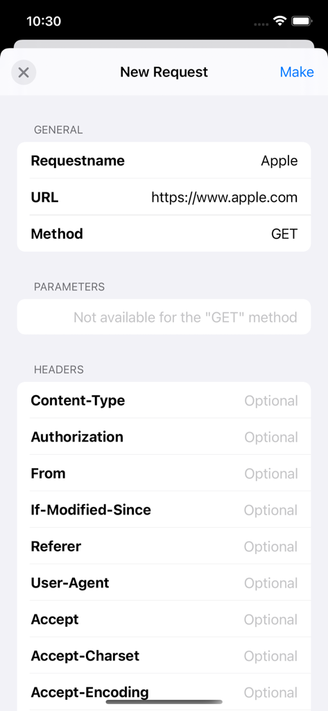 Screen for configuring a new HTTP GET request with fields for URL headers and parameters
