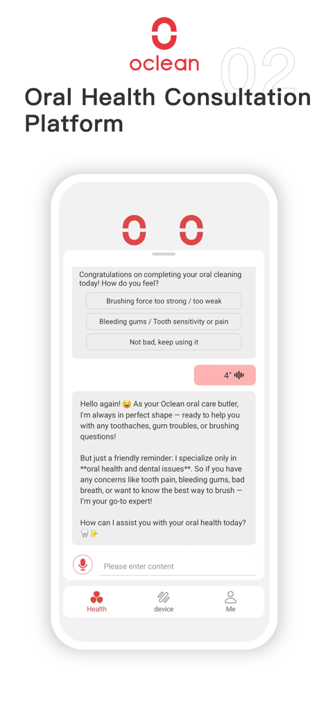 Oclean Care+ - Oclean Care app showing an AI-driven oral health consultation chat interface with a digital butler.