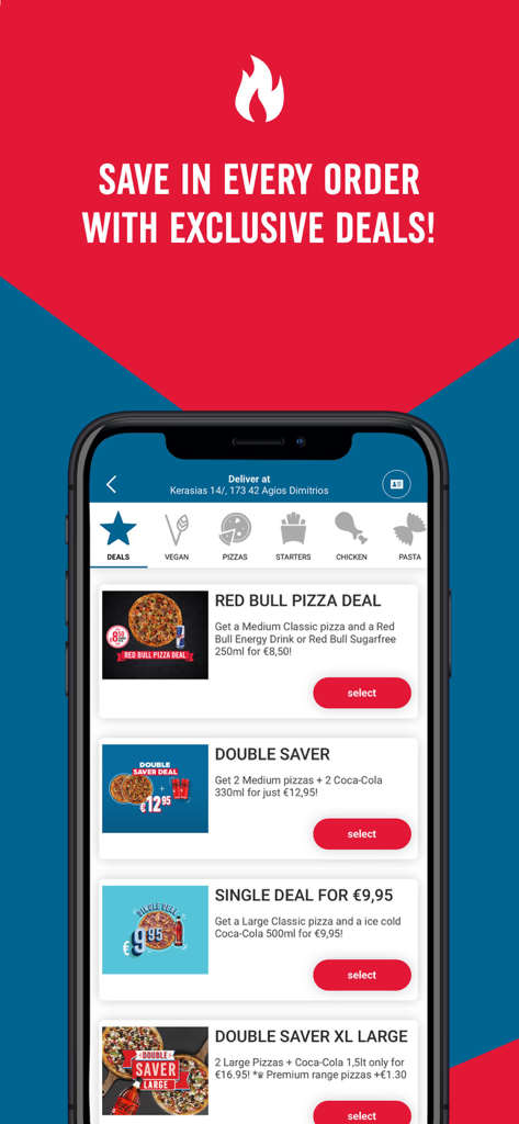 Domino's Pizza Greece app screen displaying exclusive pizza and drink deals