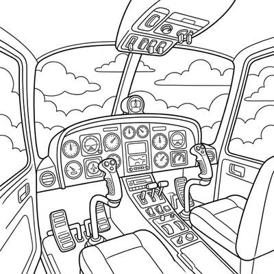 Prepare for an exciting flight with this detailed coloring page of a helicopter cockpit, specially designed for young adventurers. Kids aged 4-8 will love bringing this pilot's view to life with their favorite colors.