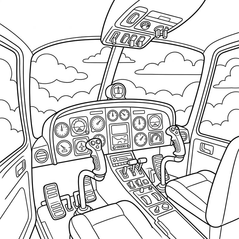 Prepare for an exciting flight with this detailed coloring page of a helicopter cockpit, specially designed for young adventurers. Kids aged 4-8 will love bringing this pilot's view to life with their favorite colors.