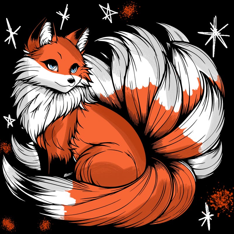 realistic detailed 9 tailed anime fox