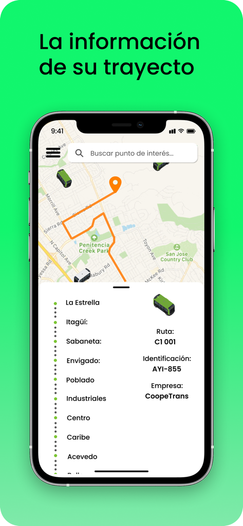 Interfaz de la aplicación HiWay mostrando un mapa de ruta de autobús en vivo con rastreo de vehículos y detalles de transporte.